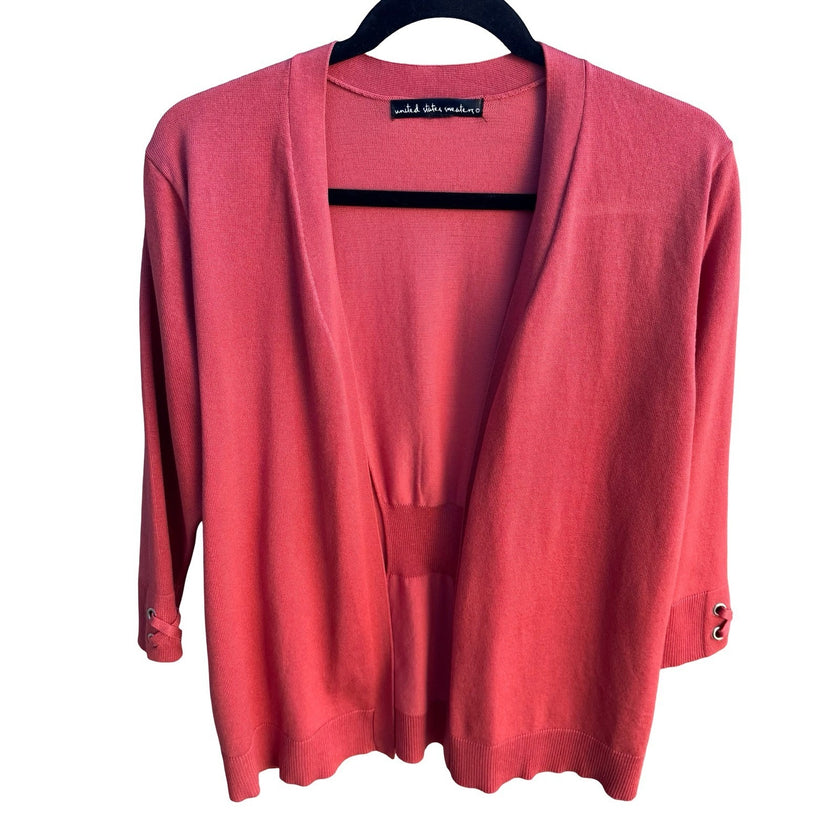 United States Sweaters Lace Up Grommet Sleeve Open Front Cardigan Coral Womens L