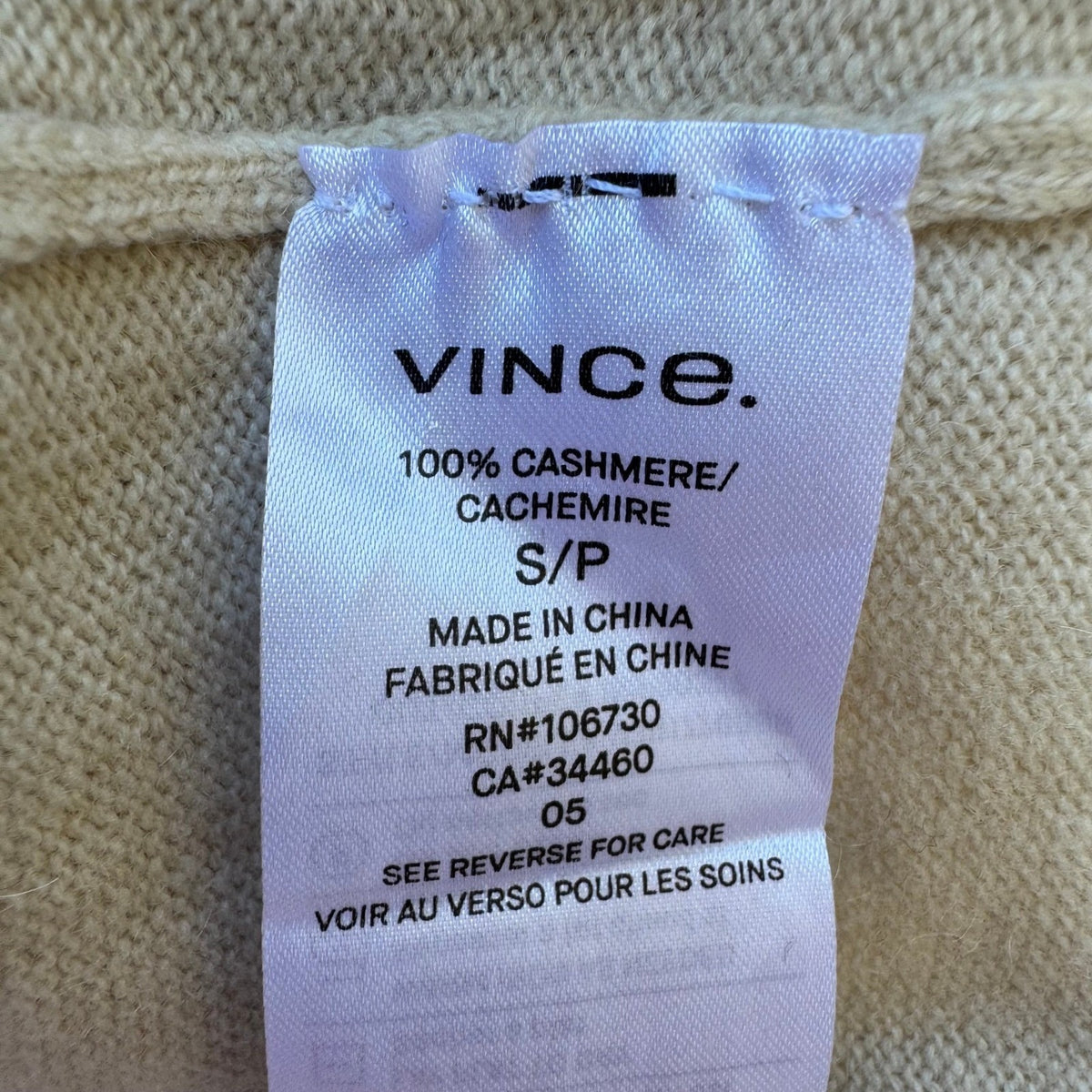 Vince 100% Cashmere Quiet Luxury Preppy Short Sleeve Minimalist Sweater Tan S