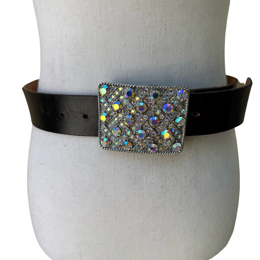 Morgan Vintage Y2K Glam Black Leather Belt Aurora Borealis Rhinestone Buckle S