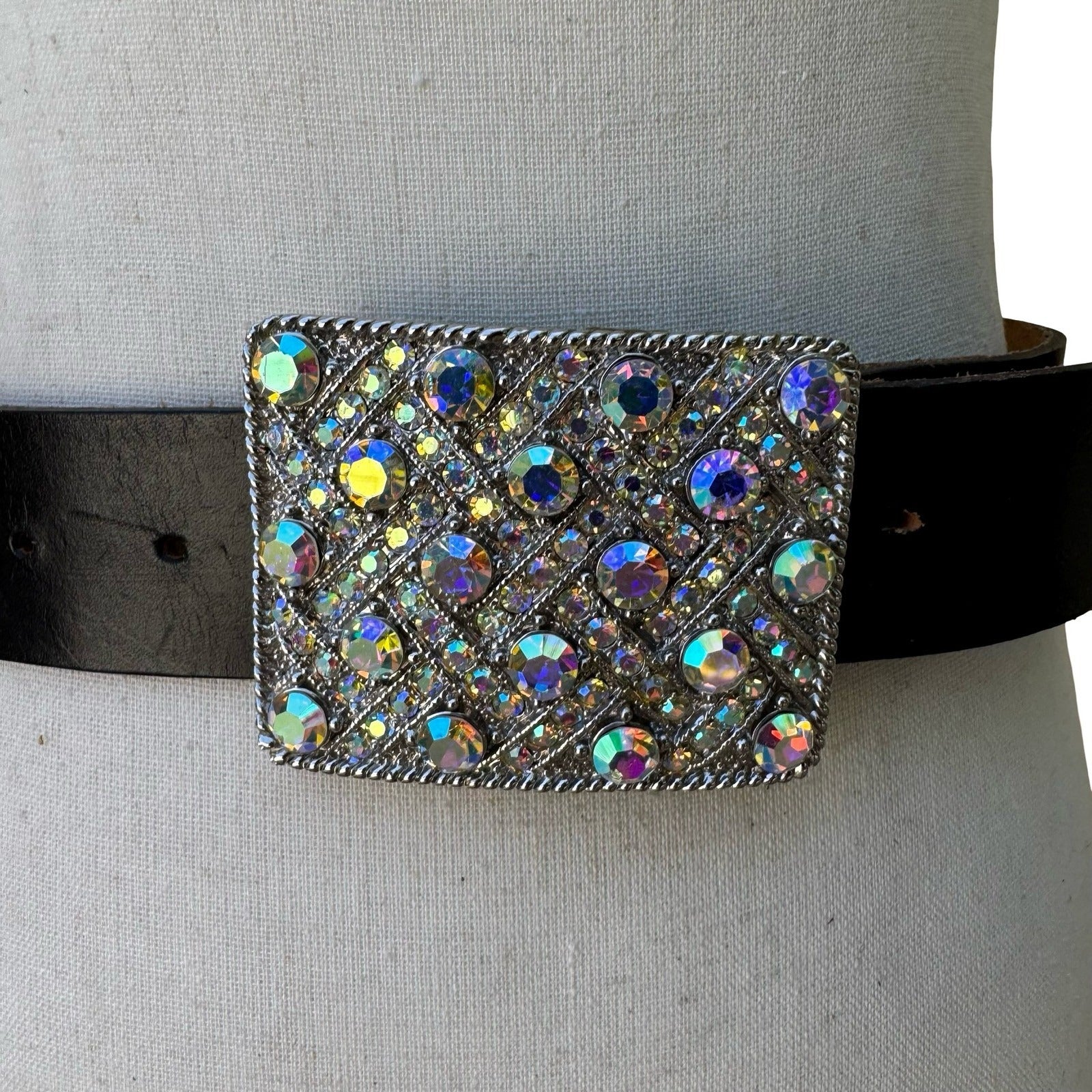Morgan Vintage Y2K Glam Black Leather Belt Aurora Borealis Rhinestone Buckle S