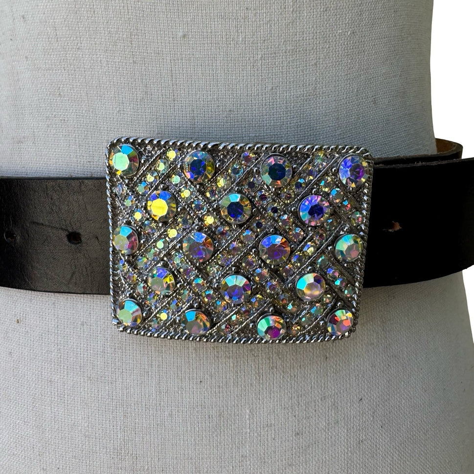 Morgan Vintage Y2K Glam Black Leather Belt Aurora Borealis Rhinestone Buckle S