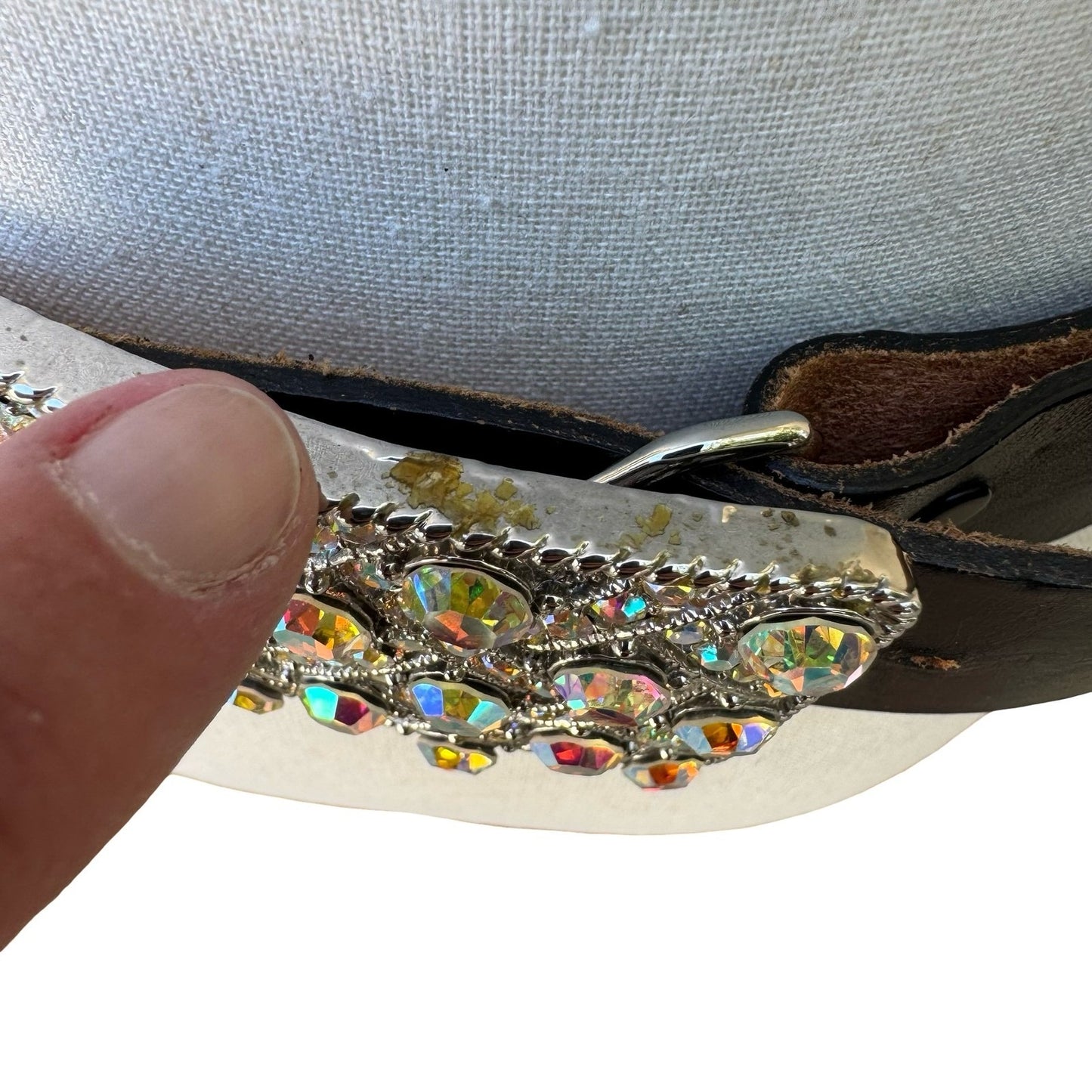 Morgan Vintage Y2K Glam Black Leather Belt Aurora Borealis Rhinestone Buckle S