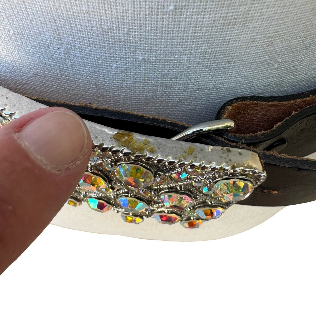 Morgan Vintage Y2K Glam Black Leather Belt Aurora Borealis Rhinestone Buckle S