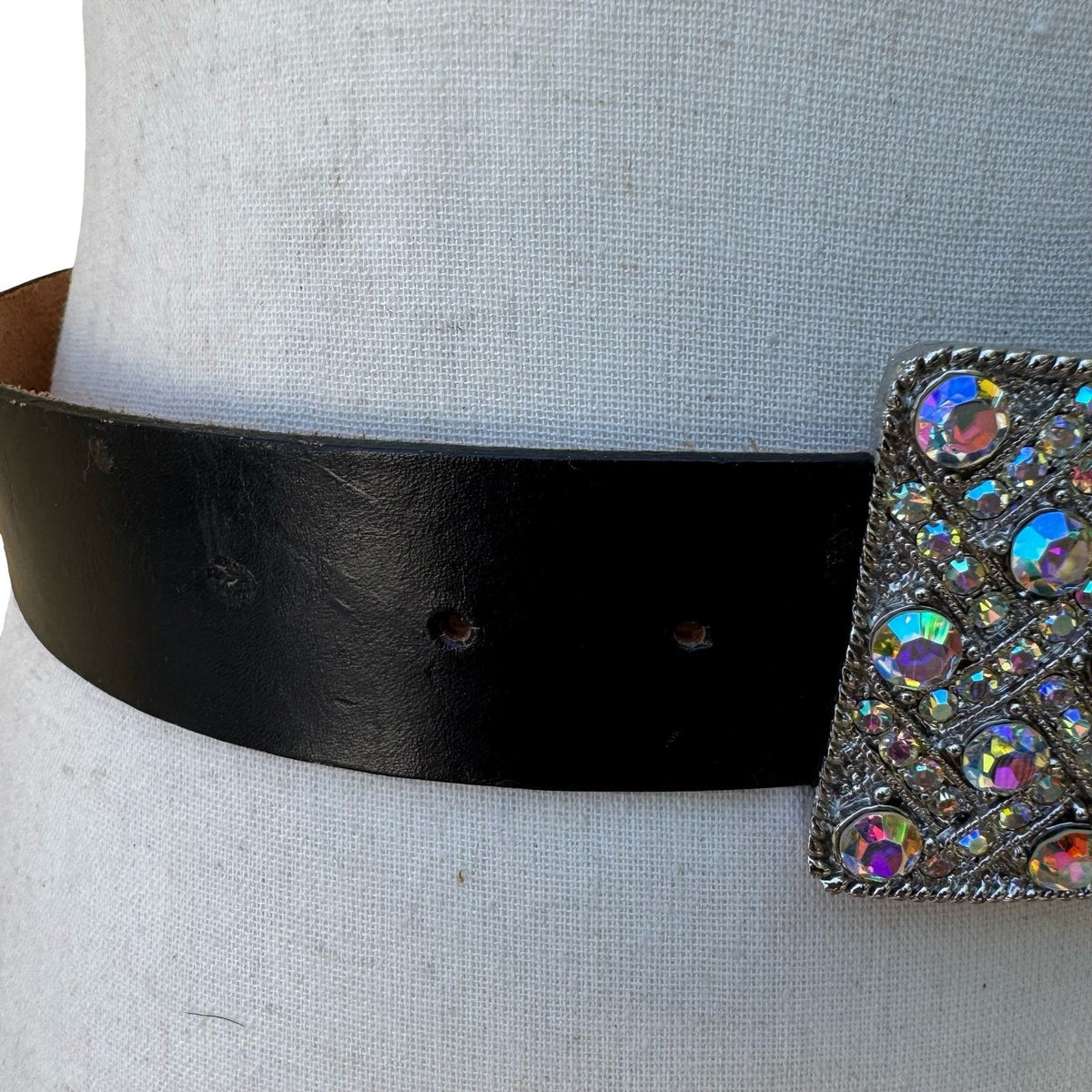 Morgan Vintage Y2K Glam Black Leather Belt Aurora Borealis Rhinestone Buckle S
