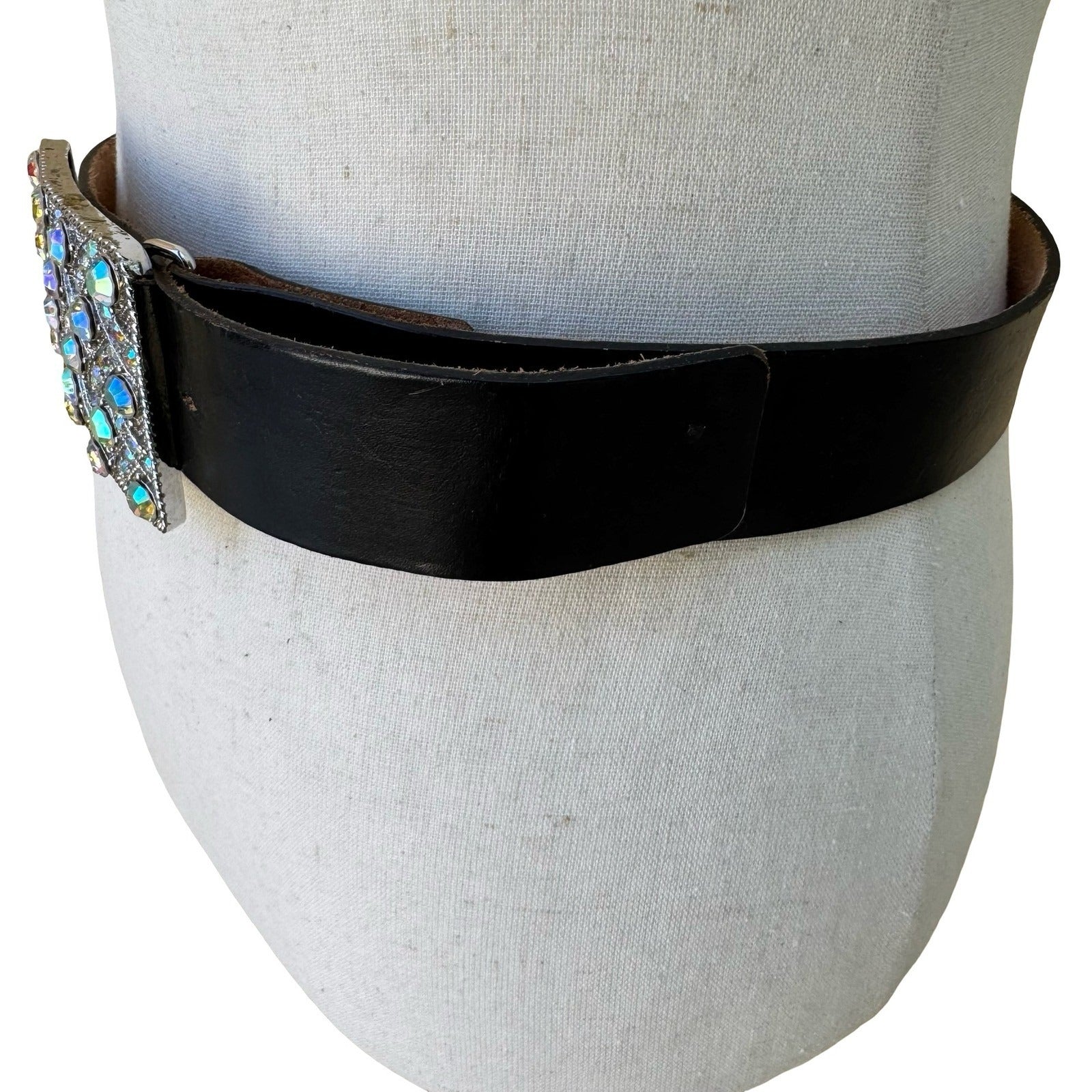 Morgan Vintage Y2K Glam Black Leather Belt Aurora Borealis Rhinestone Buckle S