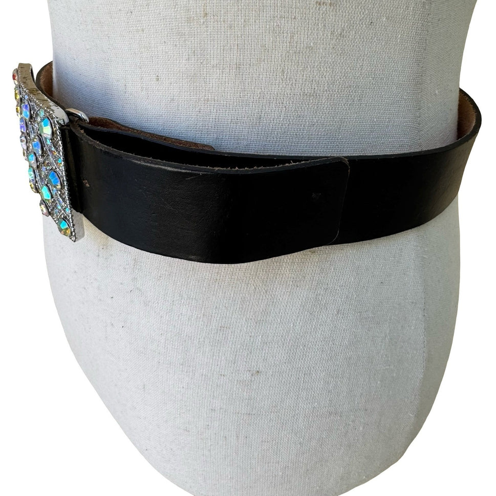 Morgan Vintage Y2K Glam Black Leather Belt Aurora Borealis Rhinestone Buckle S