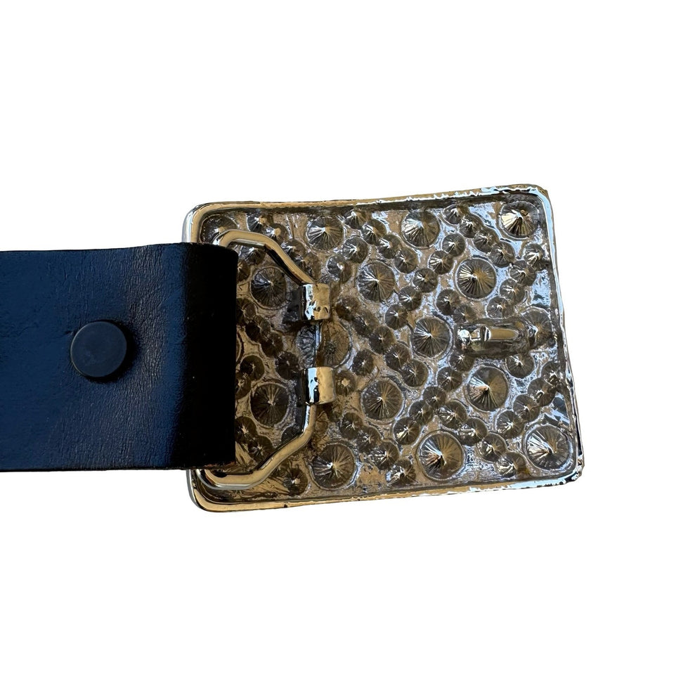 Morgan Vintage Y2K Glam Black Leather Belt Aurora Borealis Rhinestone Buckle S