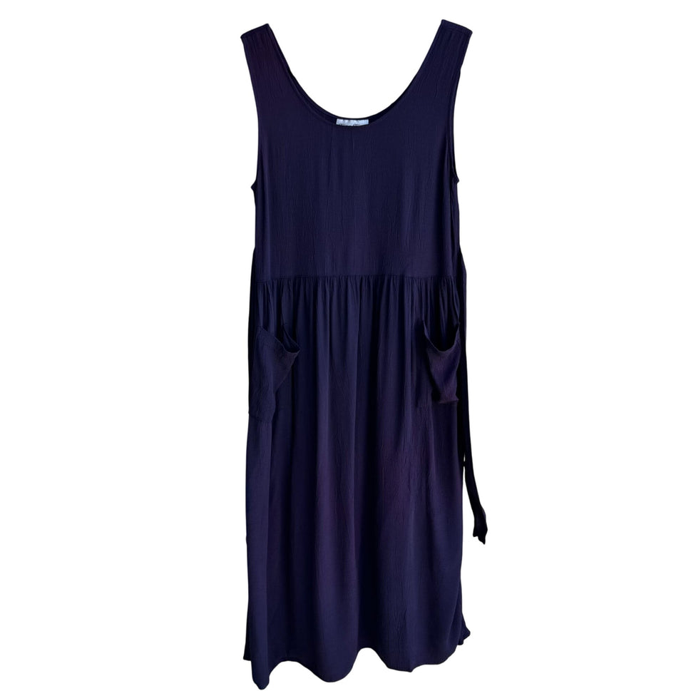 Fina Fina Vintage Womens Purple Sleeveless Front Pockets Crinkle Midi Tie Dress
