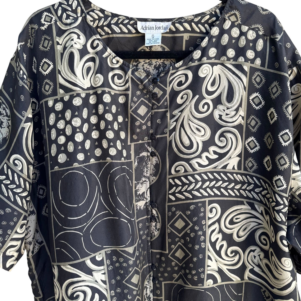 Adrian Jordan Vintage Black Beige Patchwork Paisley Pattern Silk Blouse 22/24