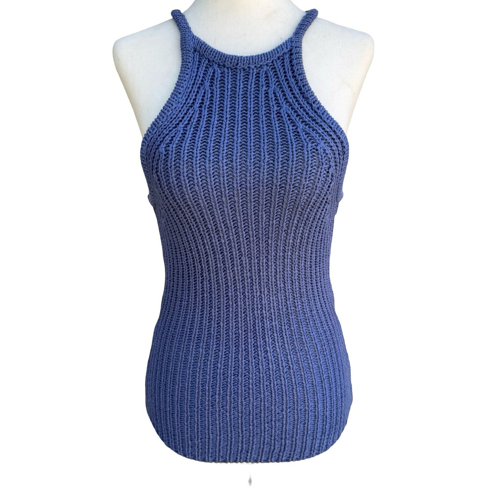 BCBG Nordstrom Y2K Blue Ribbed Chunky Knit Halter Sweater Tank Womens L Coastal