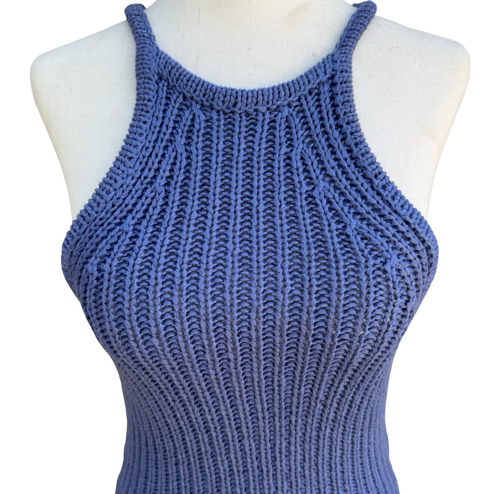 BCBG Nordstrom Y2K Blue Ribbed Chunky Knit Halter Sweater Tank Womens L Coastal