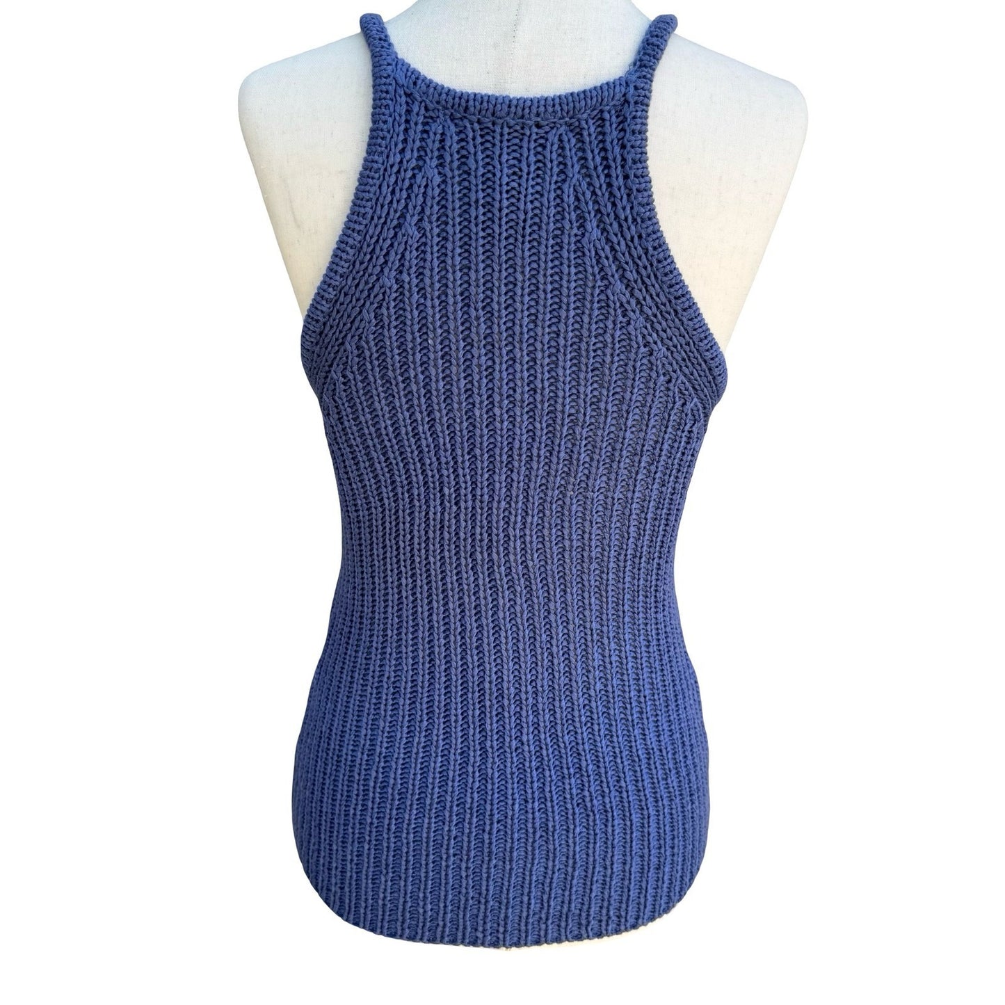 BCBG Nordstrom Y2K Blue Ribbed Chunky Knit Halter Sweater Tank Womens L Coastal