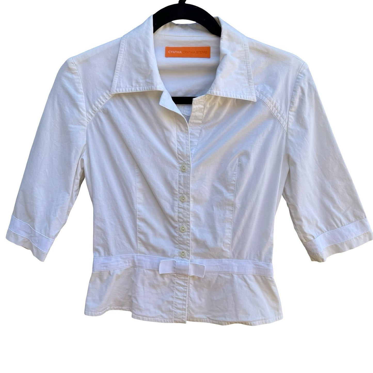 Cynthia Steffe Coquette Minimalist Preppy Peplum Blouse Bow Waist Elbow Sleeve S