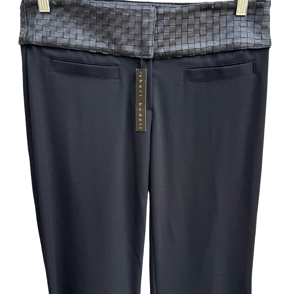 Sheri Bodell Y2K Edgy Woven Leather Waist Tailored Evening Pants Black Womens 8