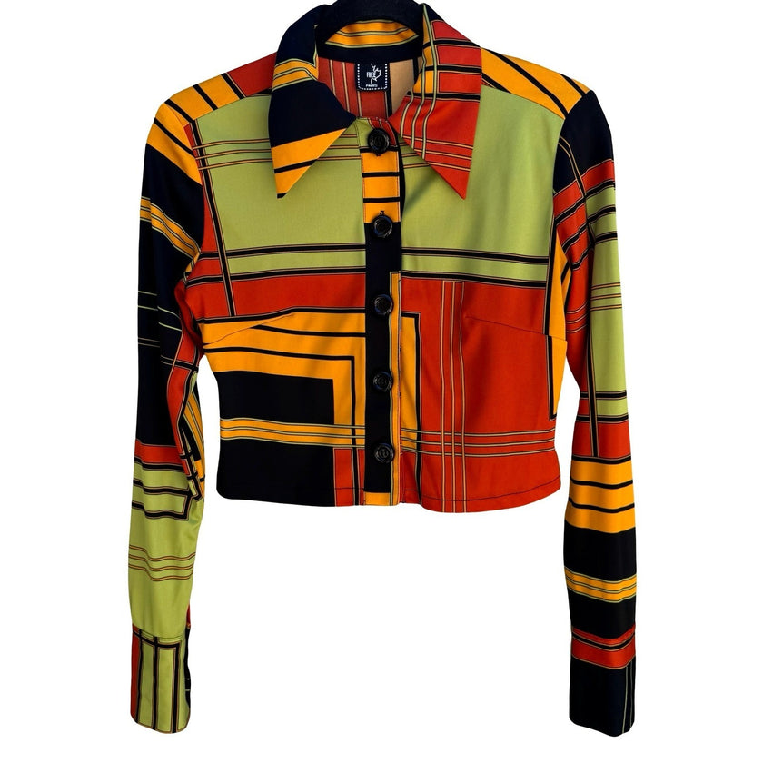 Free Paris Vintage 70s French Geometric Abstract Cropped Mod Disco Shirt Artsy