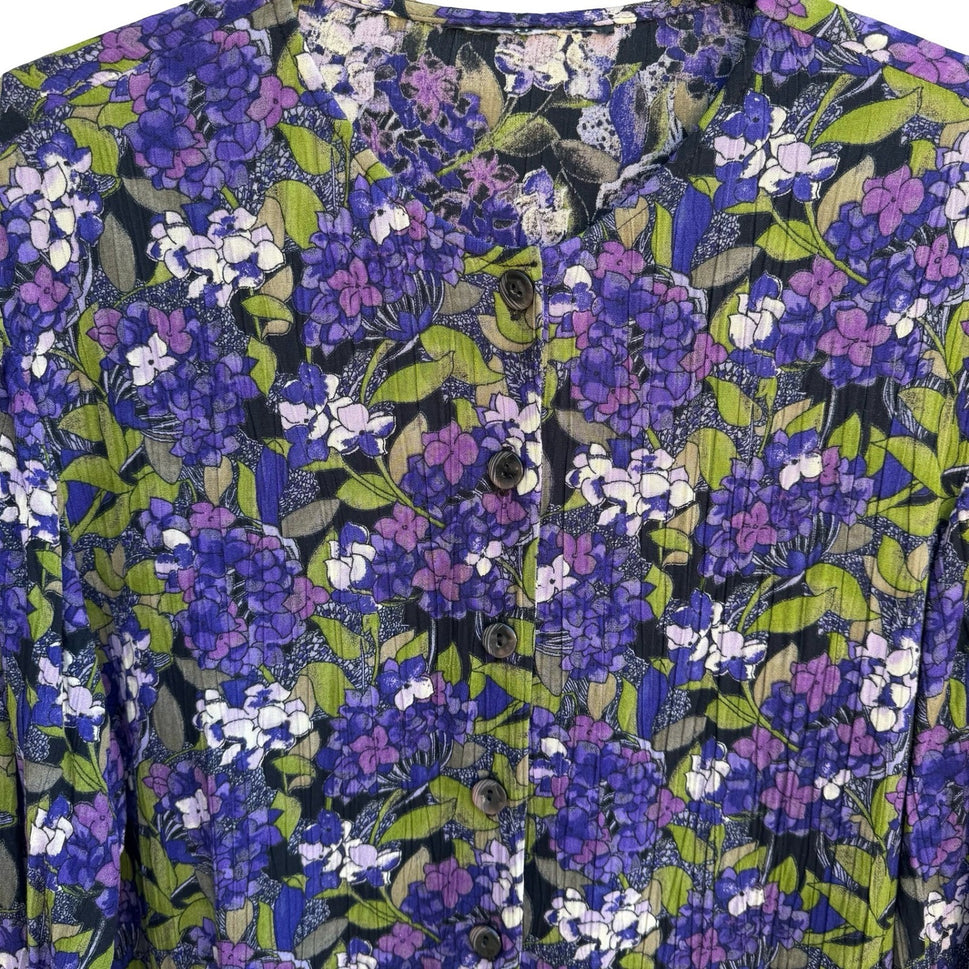 Vintage 90s Cottagecore Grannycore Garden Dark Floral Crinkle Blouse Purple L