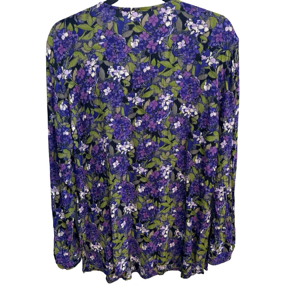 Vintage 90s Cottagecore Grannycore Garden Dark Floral Crinkle Blouse Purple L