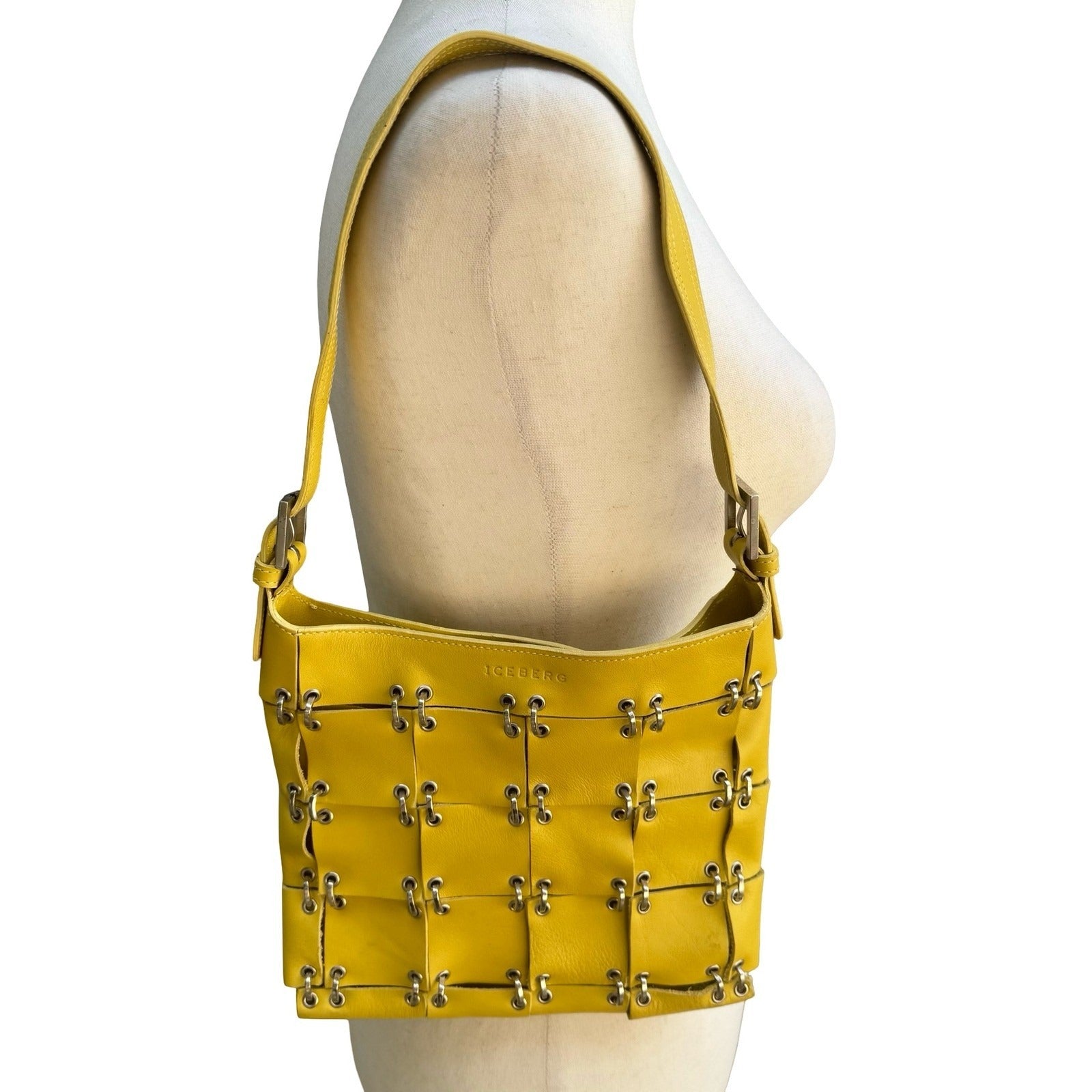 Iceberg Italian Vintage Y2K Avant Garde Yellow Leather Cage Ring Shoulder Bag