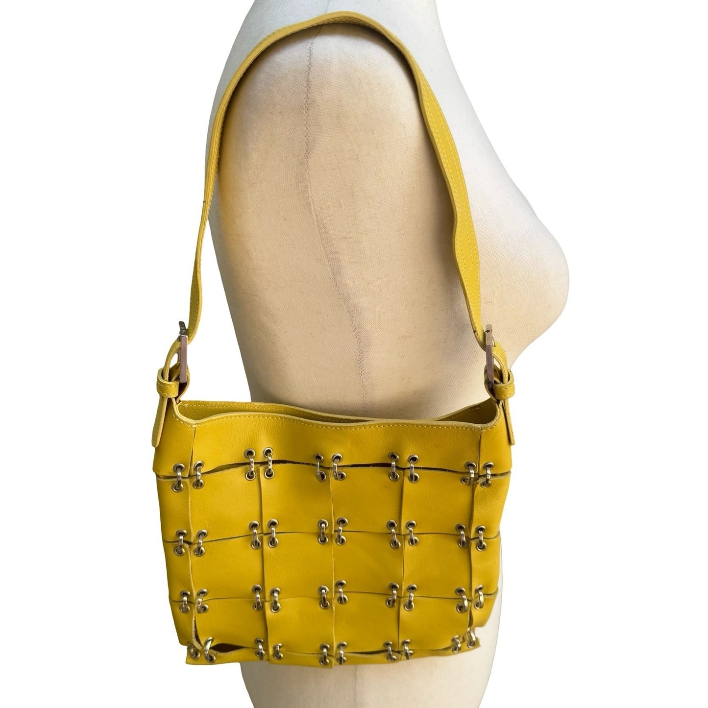 Iceberg Italian Vintage Y2K Avant Garde Yellow Leather Cage Ring Shoulder Bag