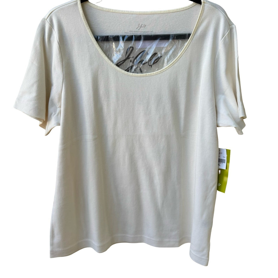J Jill Compassion Tee Minimalist Capsule Wardrobe Satin Trim Cotton Ivory XL NEW