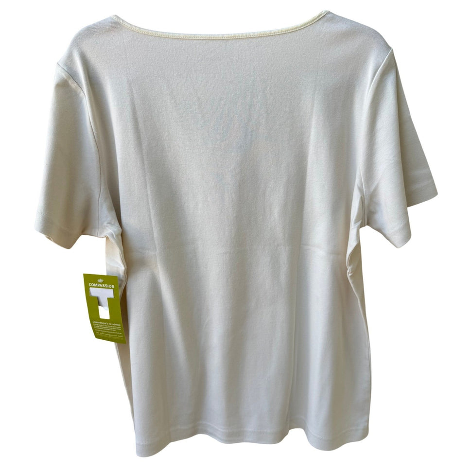 J Jill Compassion Tee Minimalist Capsule Wardrobe Satin Trim Cotton Ivory XL NEW