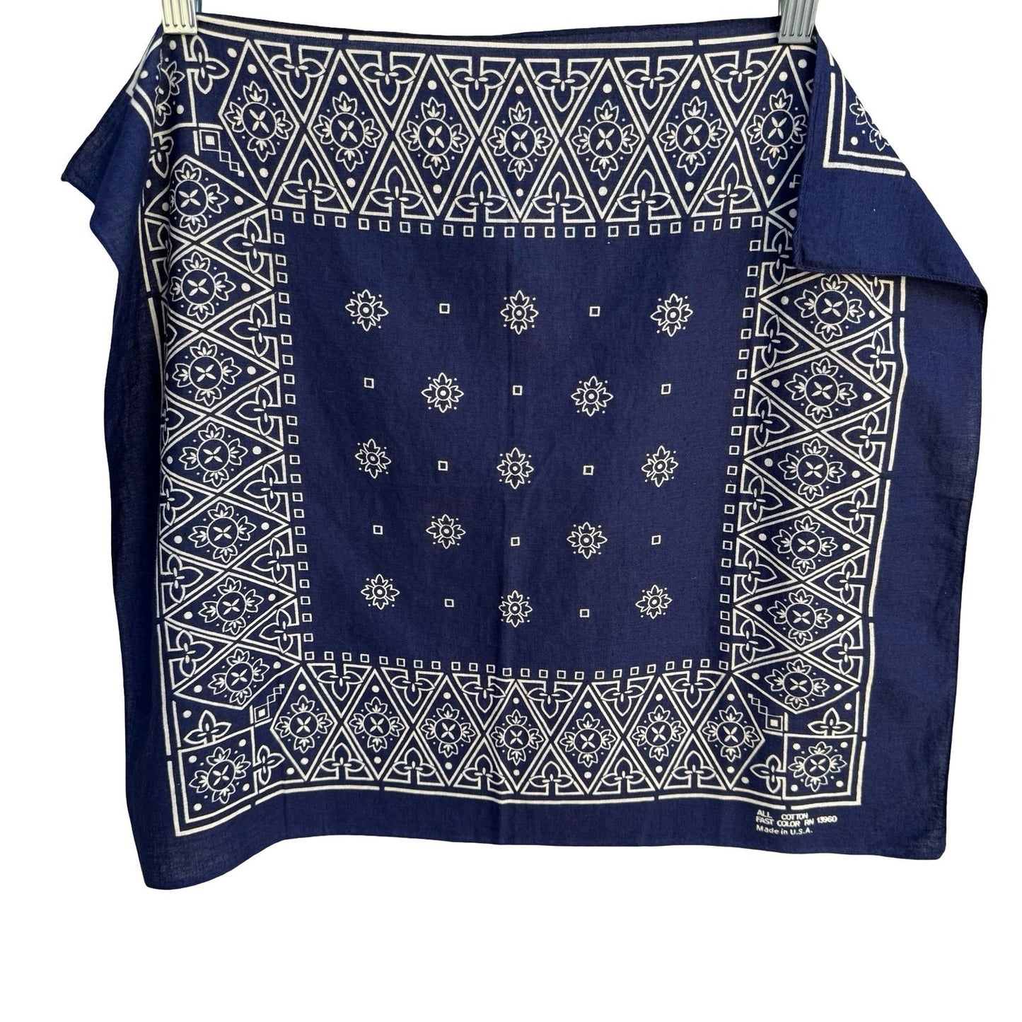 Vintage Navy Blue Cotton Bandana Made in USA Fast Color RN 13960 Geometric Print