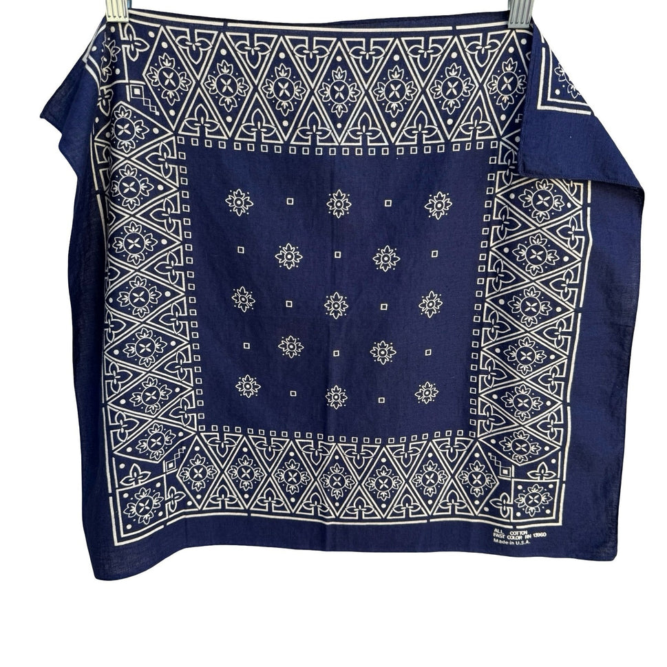 Vintage Navy Blue Cotton Bandana Made in USA Fast Color RN 13960 Geometric Print