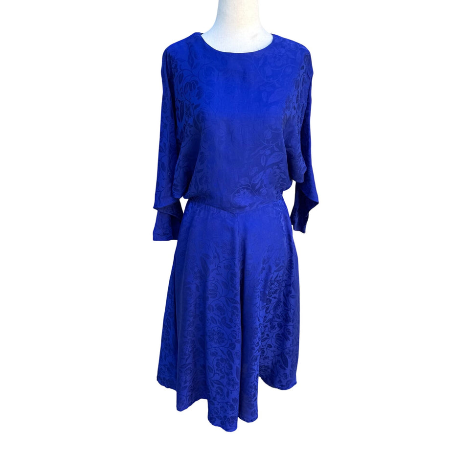 Smooth Premier Vintage Silk Royal Blue Floral Jacquard Open Back Cocktail Dress