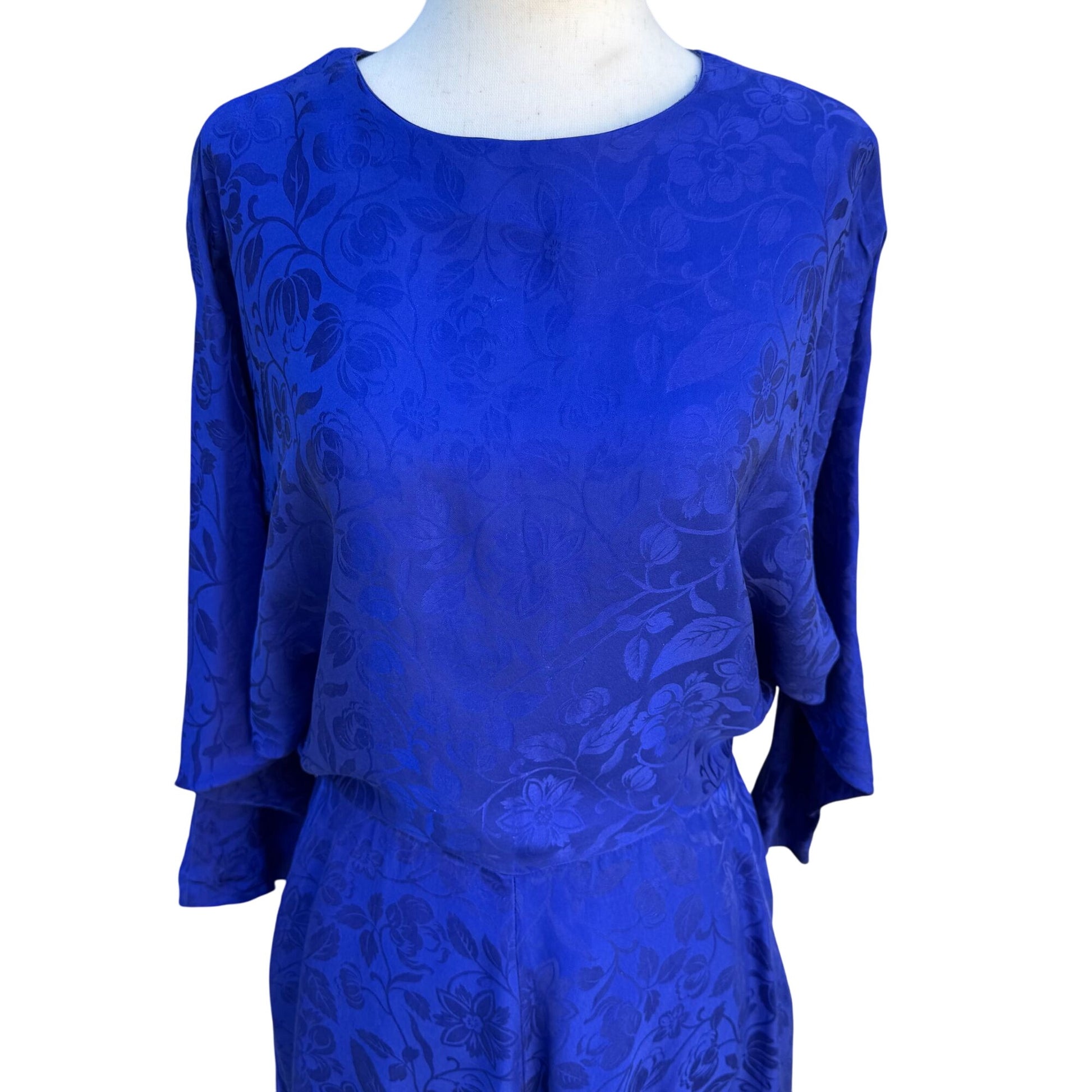 Smooth Premier Vintage Silk Royal Blue Floral Jacquard Open Back Cocktail Dress