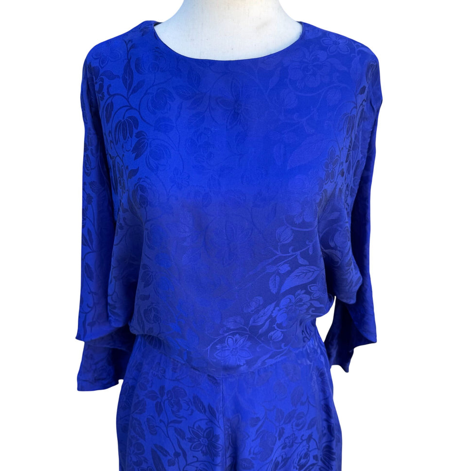 Smooth Premier Vintage Silk Royal Blue Floral Jacquard Open Back Cocktail Dress
