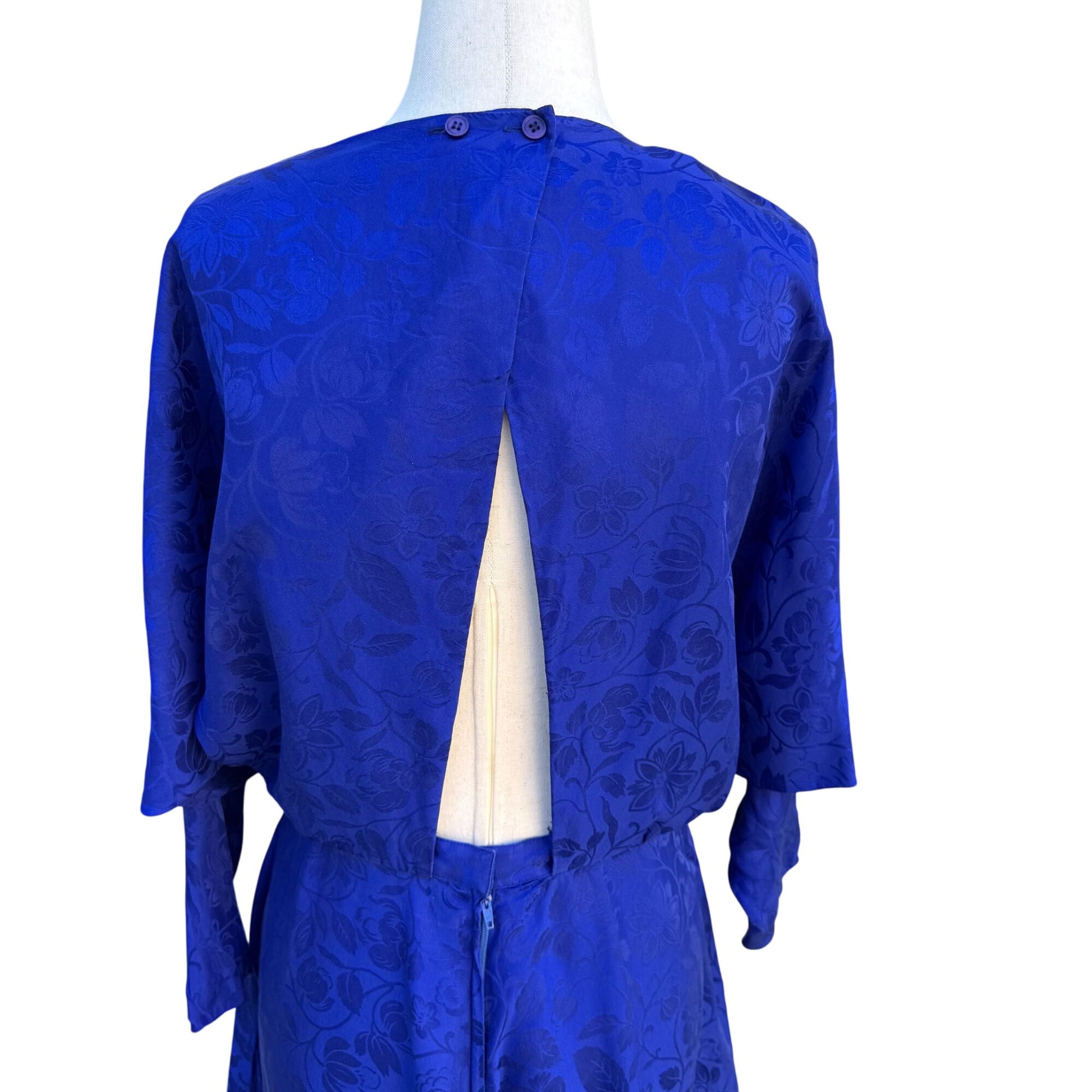 Smooth Premier Vintage Silk Royal Blue Floral Jacquard Open Back Cocktail Dress