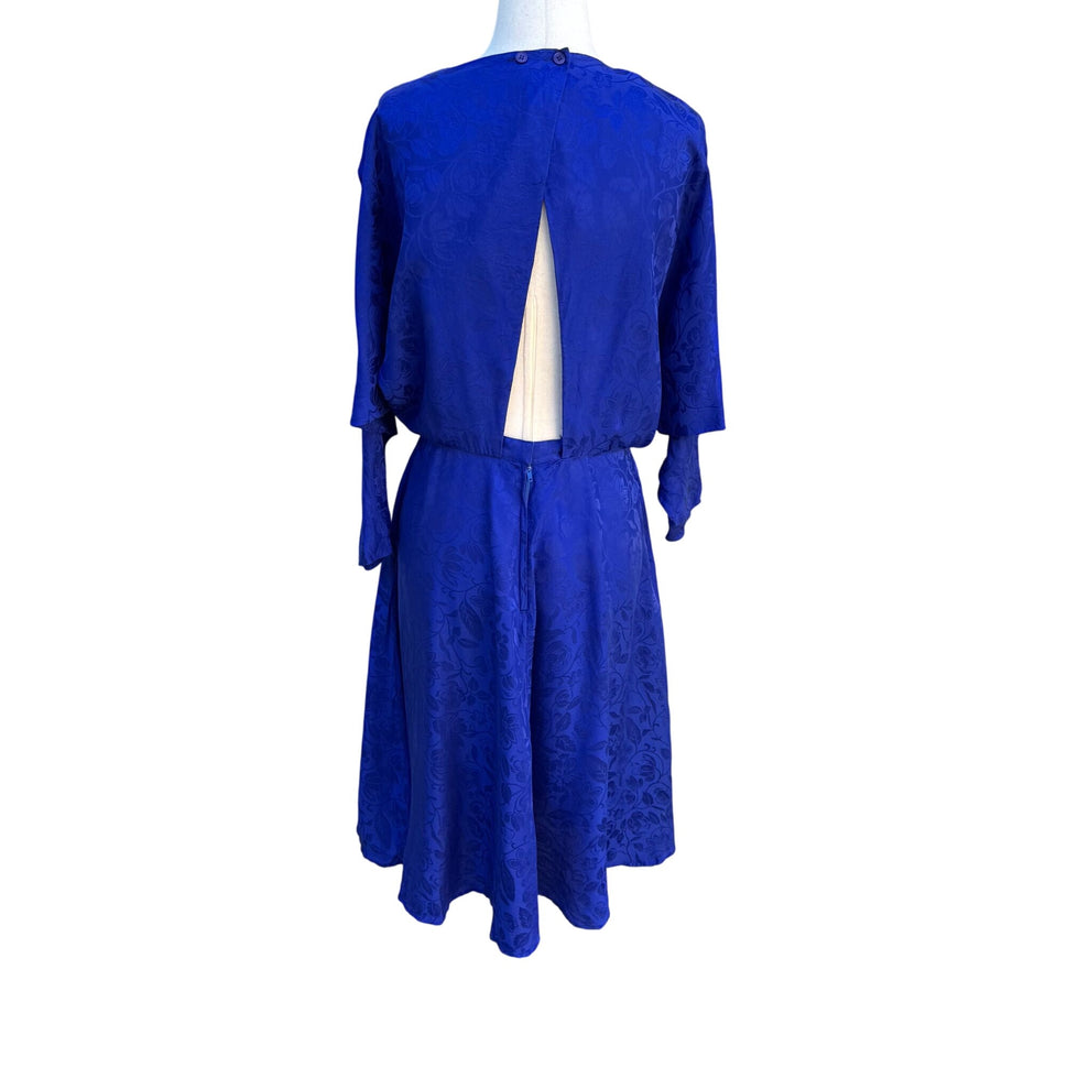 Smooth Premier Vintage Silk Royal Blue Floral Jacquard Open Back Cocktail Dress