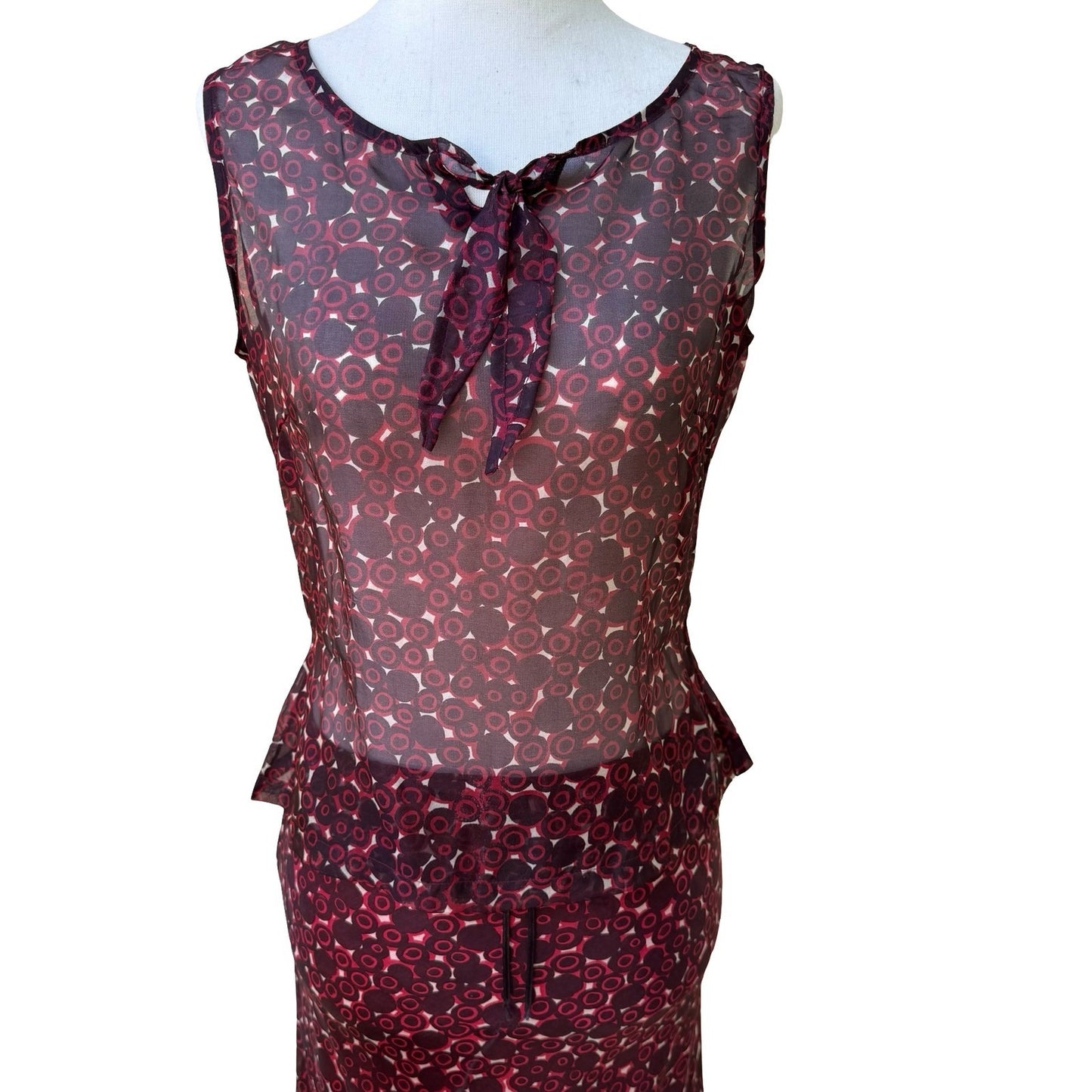Lance Karesh Vintage Y2K Silk Geometric Sheer Peplum Top Midi Skirt Dress Set