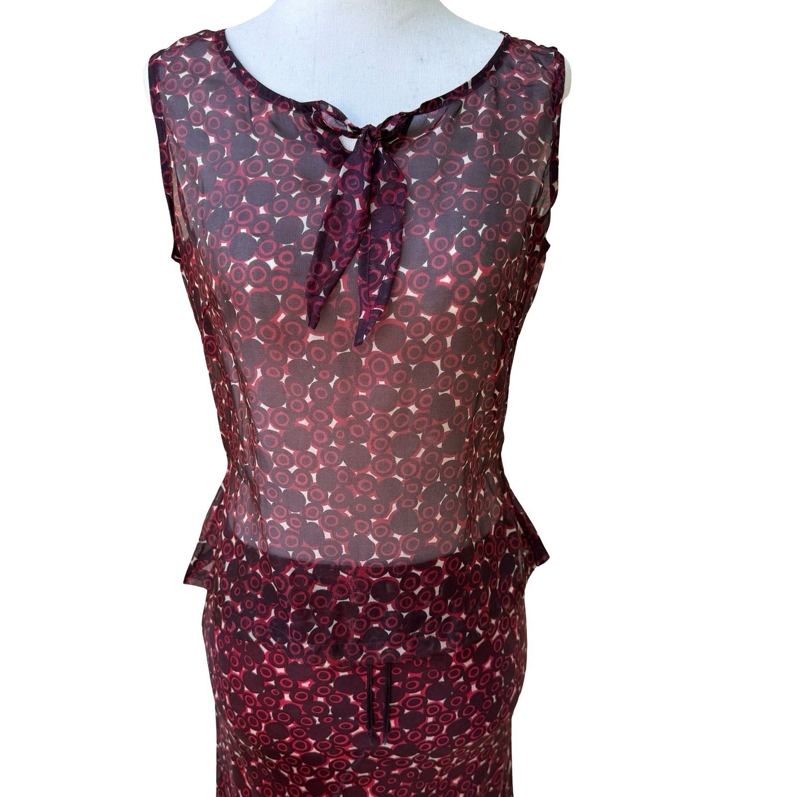 Lance Karesh Vintage Y2K Silk Geometric Sheer Peplum Top Midi Skirt Dress Set