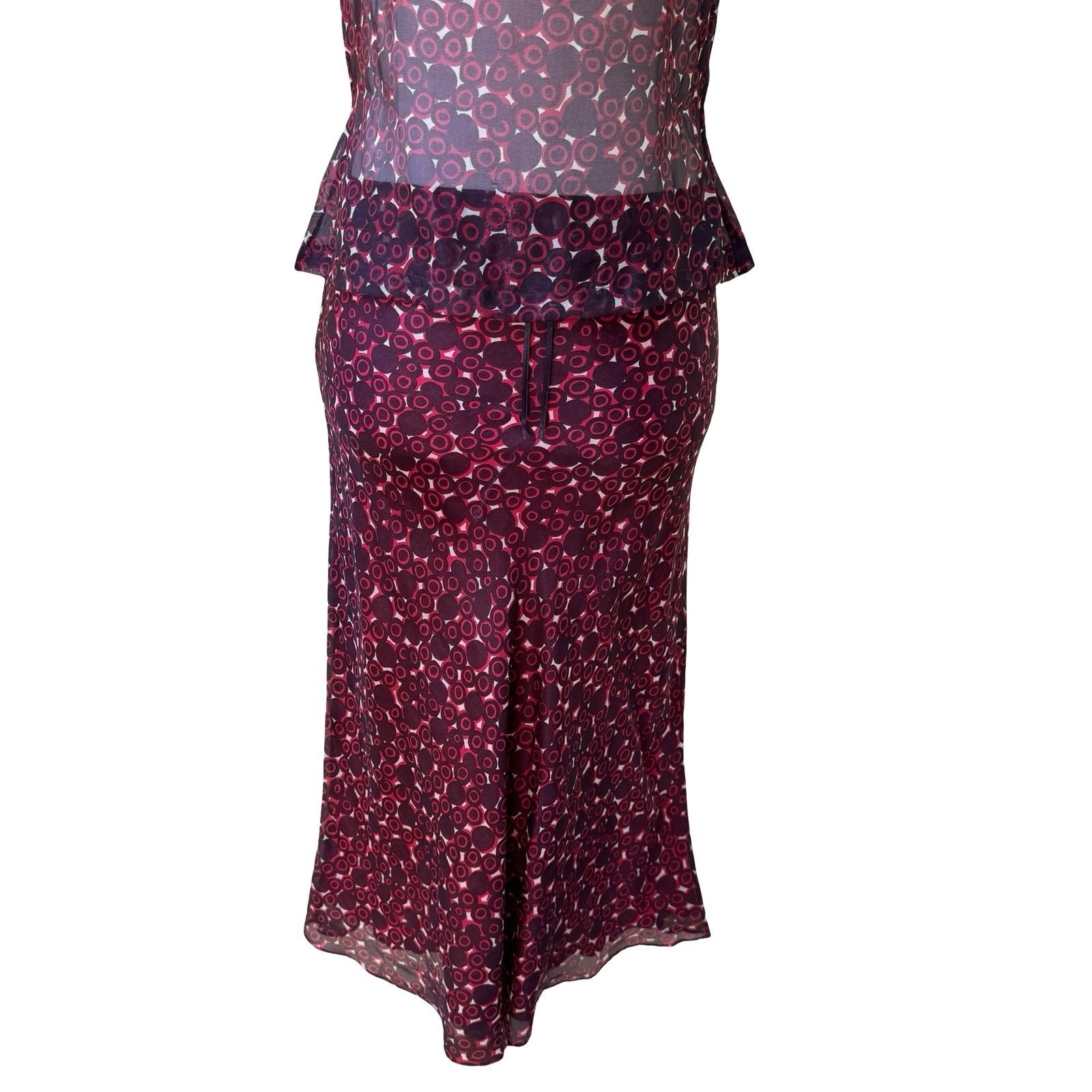 Lance Karesh Vintage Y2K Silk Geometric Sheer Peplum Top Midi Skirt Dress Set