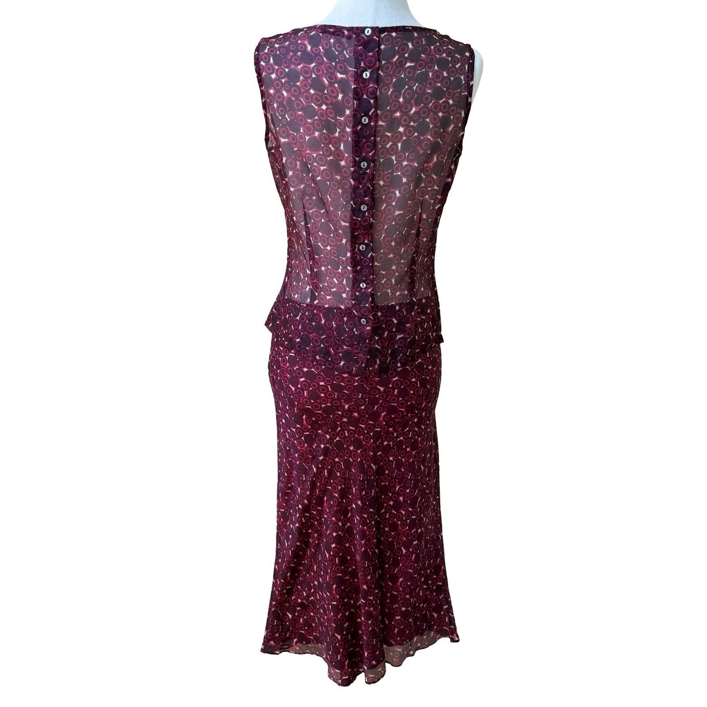 Lance Karesh Vintage Y2K Silk Geometric Sheer Peplum Top Midi Skirt Dress Set