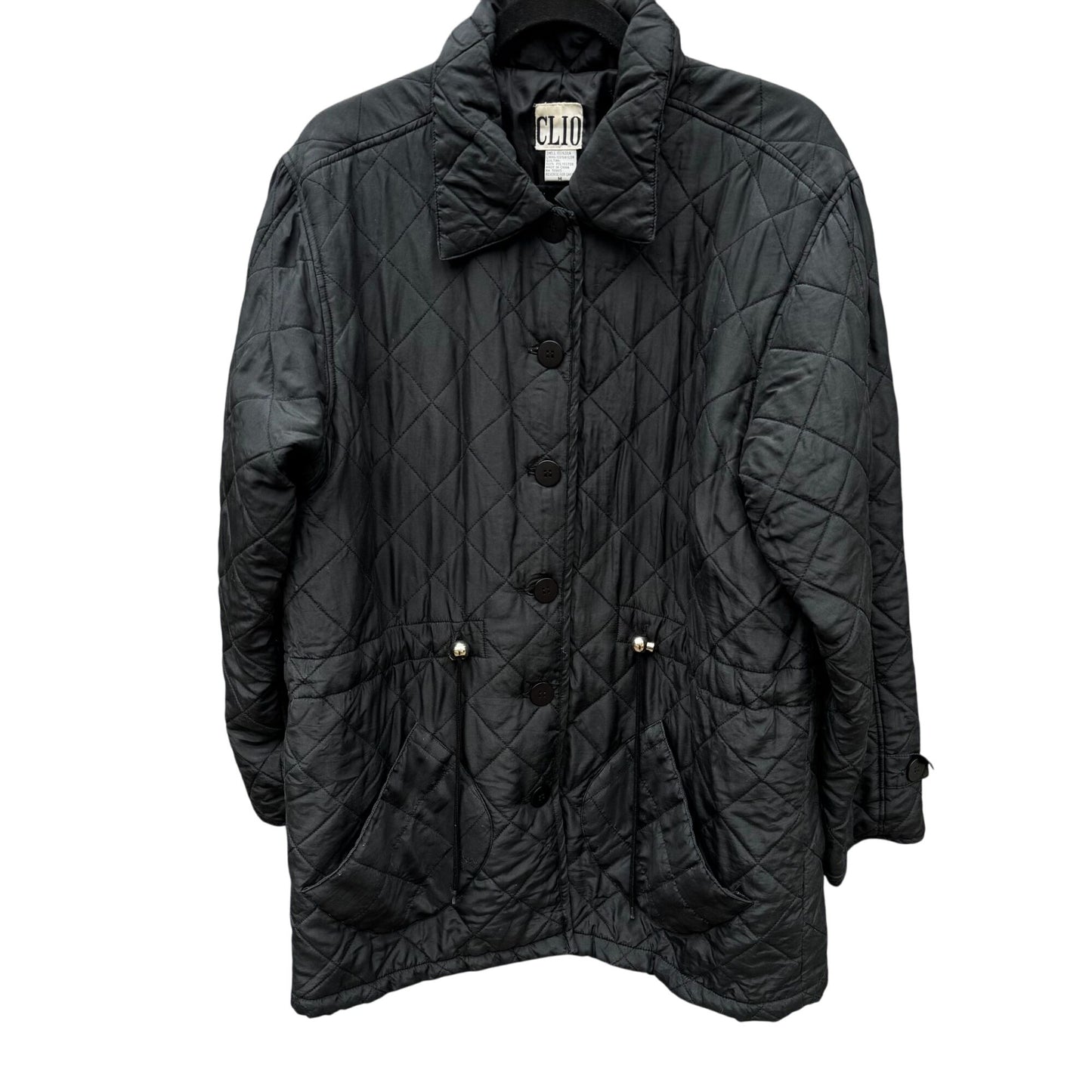 Clio Vintage Womens Black Quilted Jacket Button Front Pockets Drawstring Waist M