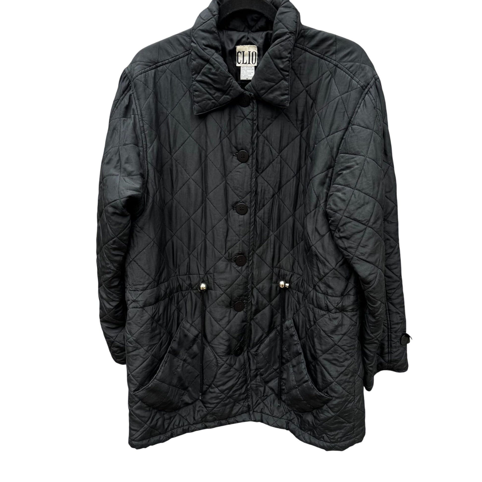Clio Vintage Womens Black Quilted Jacket Button Front Pockets Drawstring Waist M