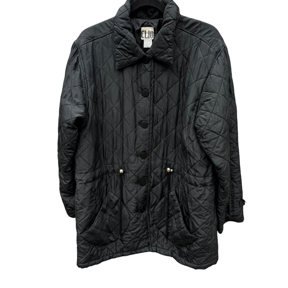 Clio Vintage Womens Black Quilted Jacket Button Front Pockets Drawstring Waist M