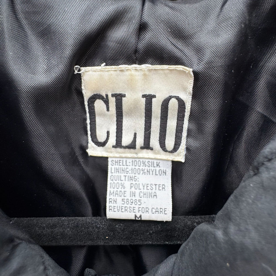 Clio Vintage Womens Black Quilted Jacket Button Front Pockets Drawstring Waist M