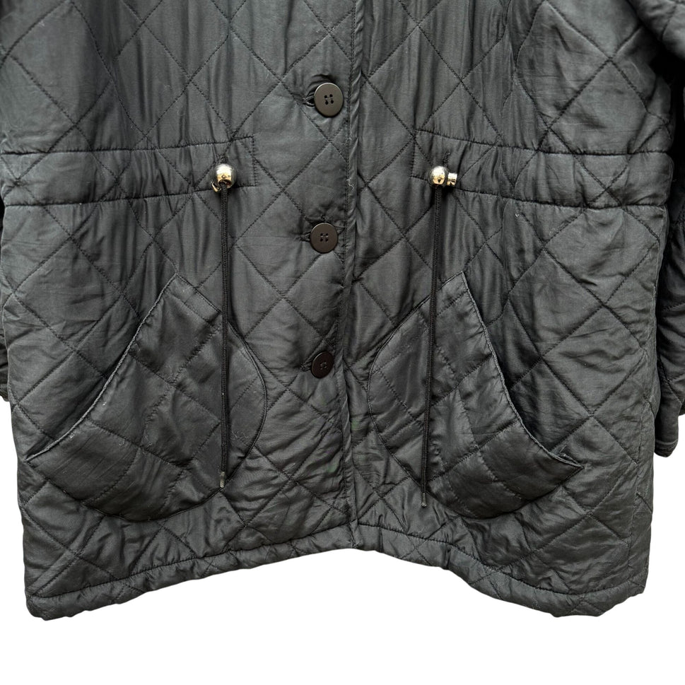 Clio Vintage Womens Black Quilted Jacket Button Front Pockets Drawstring Waist M