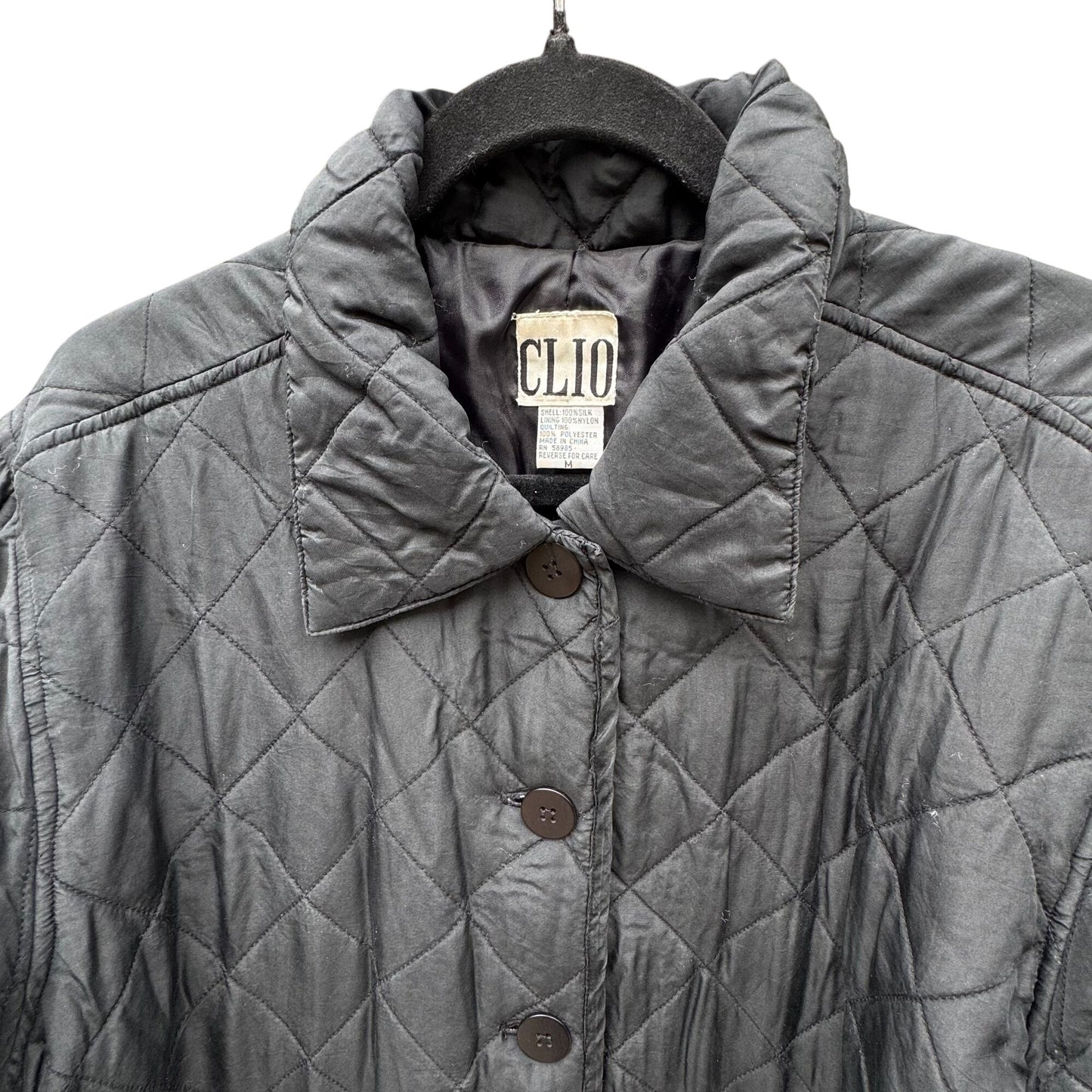 Clio Vintage Womens Black Quilted Jacket Button Front Pockets Drawstring Waist M