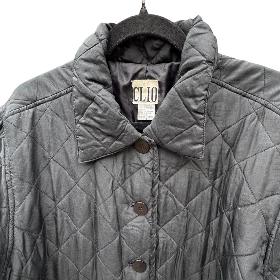 Clio Vintage Womens Black Quilted Jacket Button Front Pockets Drawstring Waist M