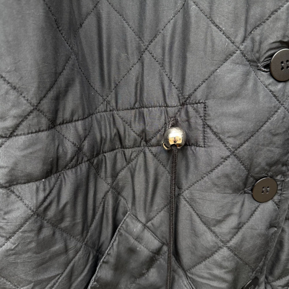 Clio Vintage Womens Black Quilted Jacket Button Front Pockets Drawstring Waist M