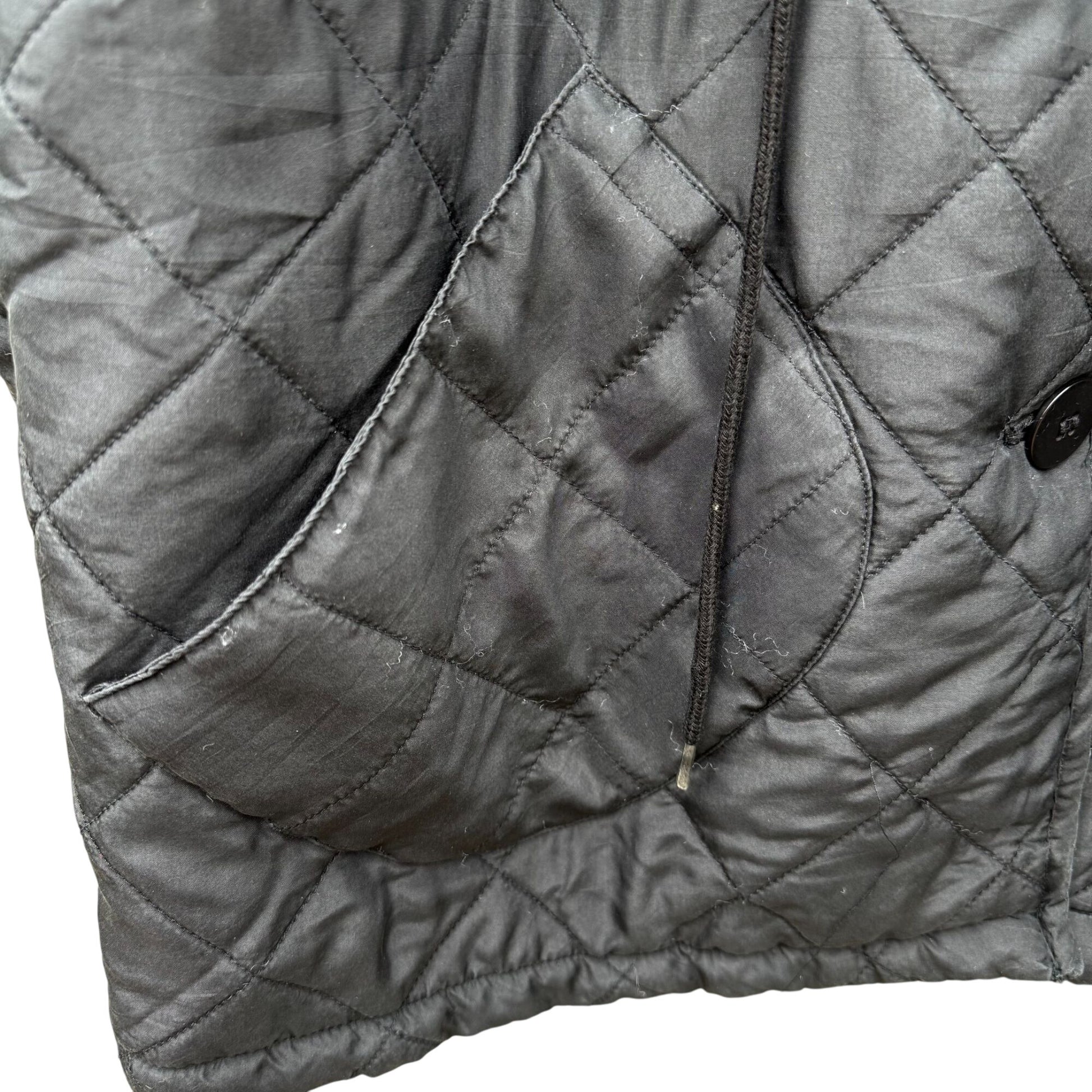 Clio Vintage Womens Black Quilted Jacket Button Front Pockets Drawstring Waist M