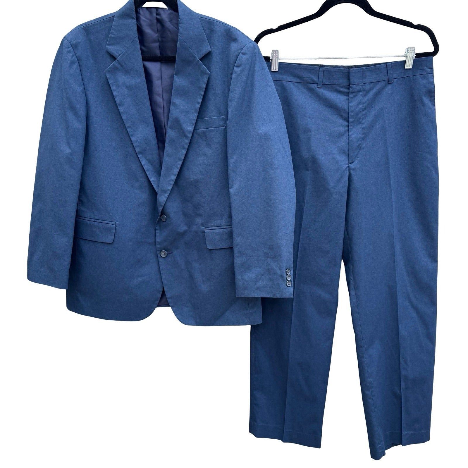 Haggar Mens Blue Cotton Suit 2 Button Blazer 42R Flat Front Pants 33x29 USA Made
