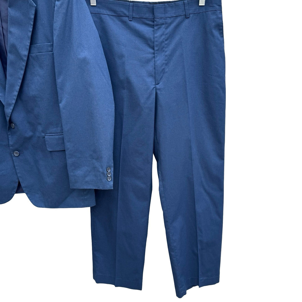 Haggar Mens Blue Cotton Suit 2 Button Blazer 42R Flat Front Pants 33x29 USA Made