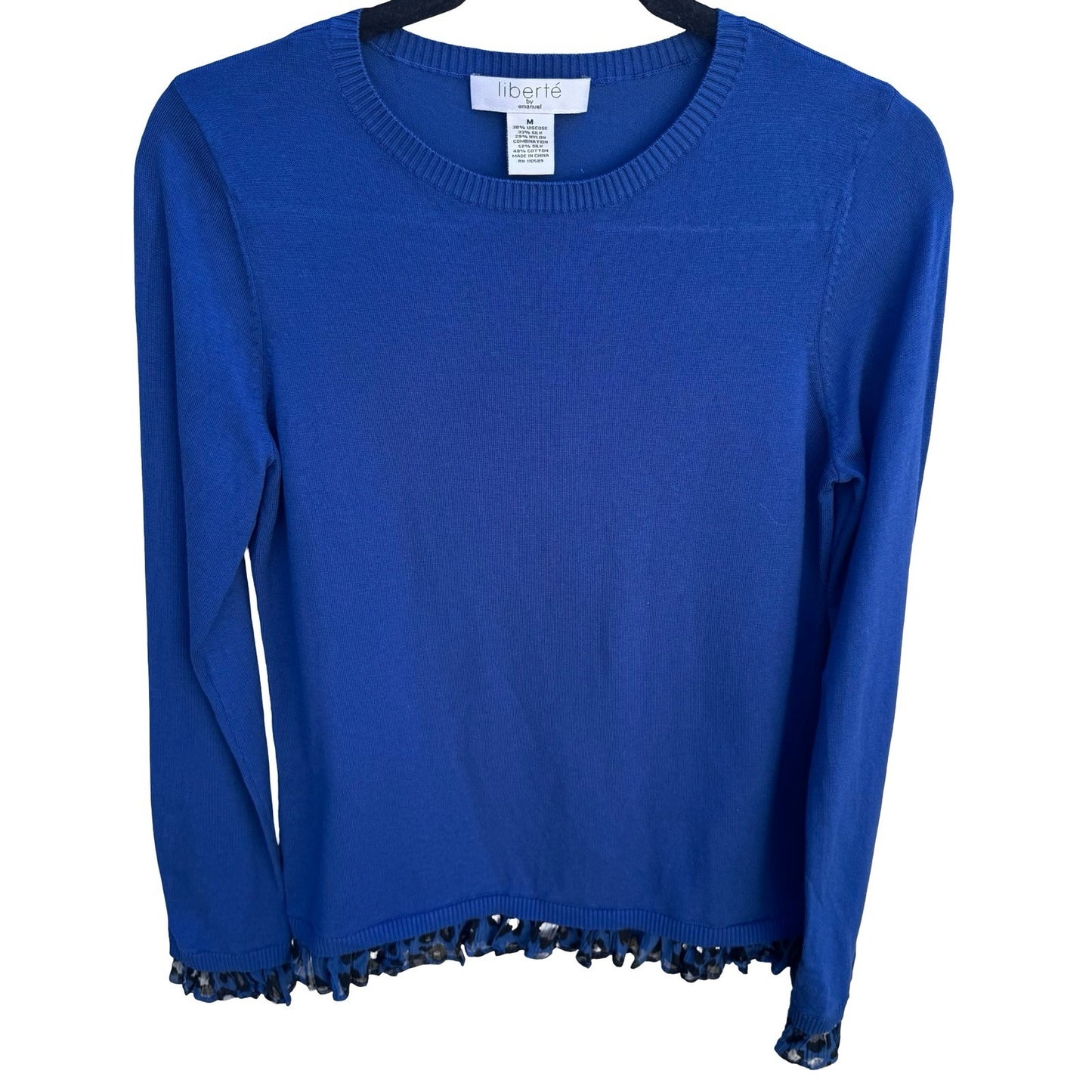 Liberte by Emanuel Royal Blue Silk Blend Layered Animal Print Ruffle Sweater M