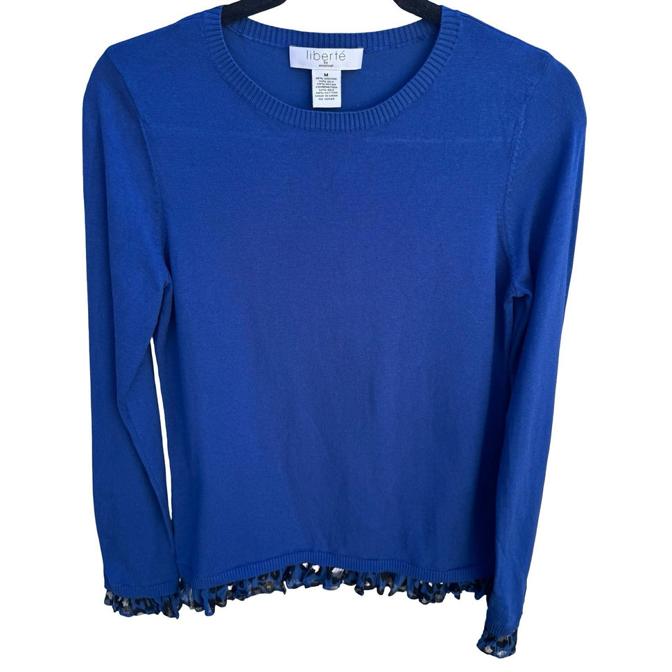 Liberte by Emanuel Royal Blue Silk Blend Layered Animal Print Ruffle Sweater M