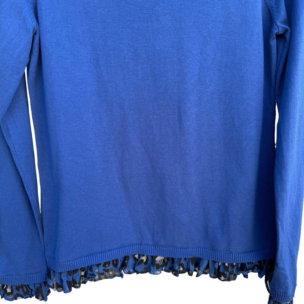 Liberte by Emanuel Royal Blue Silk Blend Layered Animal Print Ruffle Sweater M